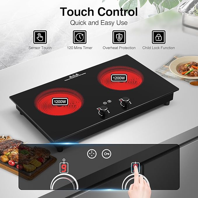 VBGK Electric Cooktop,2400W Electric Stove Top,Countertop and Built-in Hot Plate with Child Safety Lock, Timer, LED touch Knob Control,Overheat Protection,110V 2 Burner Induction Cooktop