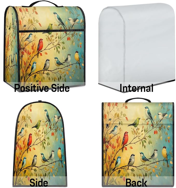 Kitchen Aid Mixer Cover Color Birds Leaves Animal Stand Mixer Cover Compatible with 6-8 Quarts Stand Mixers, Dust Covers with Zipper Pocket Foldable Washable Kitchen Aid Organizer Bag