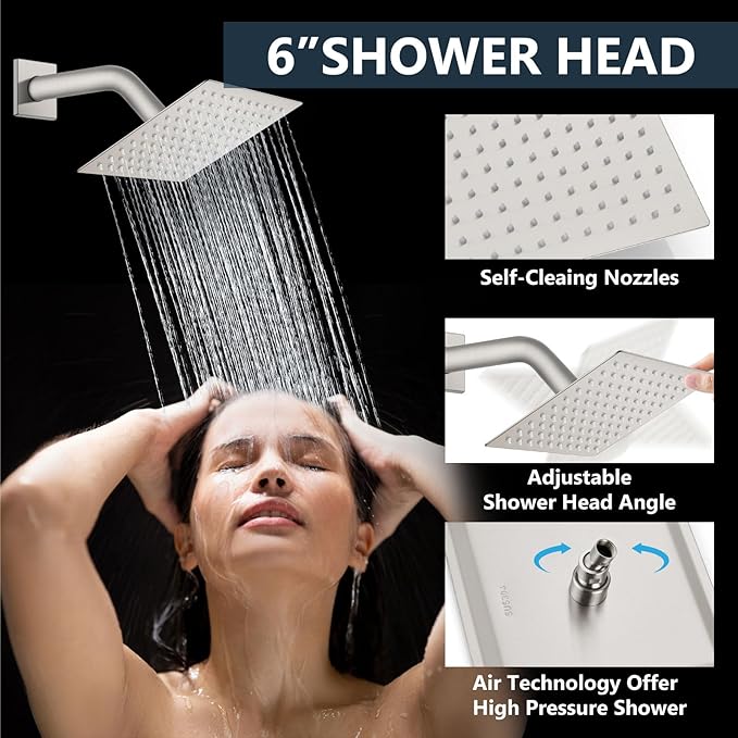 Aolemi Shower Faucet Set Ceiling Mount Shower System Rough-in Valve and Shower Trim Kit 2 in 1 Handheld Spray Push Button Diverter 10 and 6 Inch Dual Shower Head Brushed Nickel