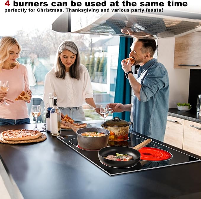 Karinear 4 Burners Electric Cooktop 24 Inch, 220-240v Built-in Electric Ceramic Cooktop with Glass Protection Metal Frame, Expandable Burners, Slider-Touch Control, Multi-function Elecric Stovetop