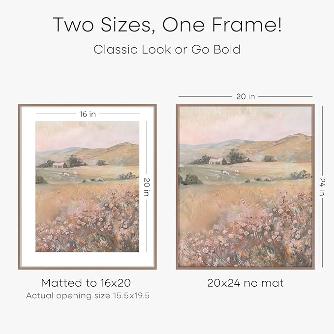 Homeforia 20x24 Picture Frame Mocha, High End Metal 20x24 Frame Matted to 16x20 Print, 20 x 24 Mocha Poster Frames with Mat 16 by 20 inch Photo, 24x20 Hanging Frame, Tempered Glass, Wall Kit, Set of 1