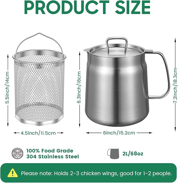2-in-1 304 Stainless Steel Multifunctional Deep Fryer Pot with Basket & Strainer, Large Capacity Oil Filter Pot, Bacon Grease Container with Steel Pour for Kitchen, Camping, Cooking (68oz/2L)