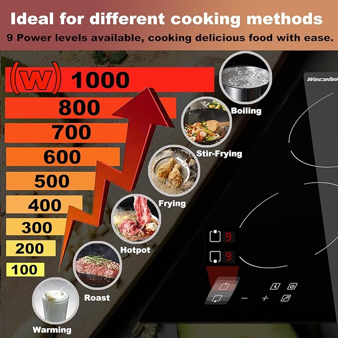 Electric Cooktop 2 Burner, 12 Inch Electric Stove Top, Built-in, 110V-120V Plug in, Touch Panel, Ceramic Burners with 9 Heating Level, Child Lock and Timer, 1800W