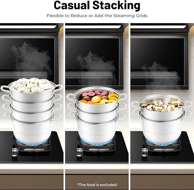 5-Tier Food Steamer Pot for Cooking, 2.38 Gal Stainless Steel Steamer Pot with Lid, Stackable Steaming Pots Steam Cooker Cookware for Dumpling Seafood, Compatible with Gas Stove (12.8 Diameter)