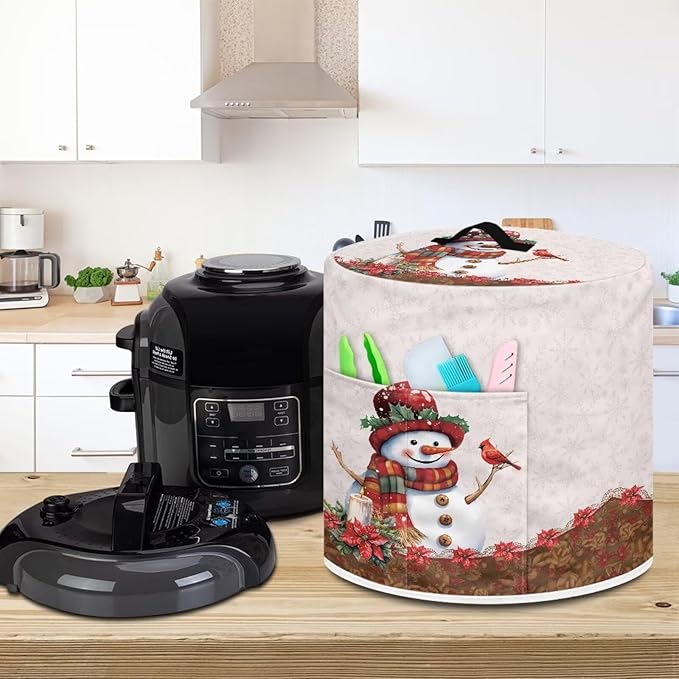 8 Quart Pressure Cooker Dust Cover with Top Handle and Storage Pocket Home Kitchen Decor Air Fryer Rice Cooker Stain-Resistant Cover Christmas Cute Snowman Print