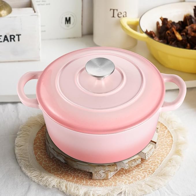 TeamFar Enameled Cast Iron Dutch Oven - 3QT Small Dutch Oven Pot with Lid - Heavy Duty Cast Iron Pot Cookware for Bread Baking, Braising, Stewing, Roasting, Pink