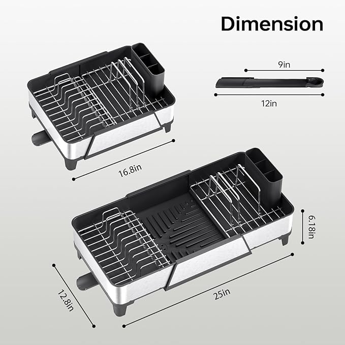 Large Dish Drying Rack - Triple Expandable Dish Rack for Kitchen Counter, Stainless Steel Sink Organization and Storage Essentials with Utensil & Pans Holder for Home and Appartment, Black