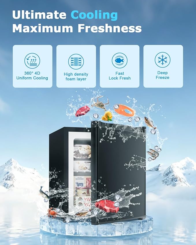 1.1 Cu.ft Mini Freezer - Compact Upright Freezer with 7 Adjustable Thermostat, Removable Shelf, Reversible Single Door, 360°Uniform Cooling Small freezer for Home Office Apartment Dorm, Black