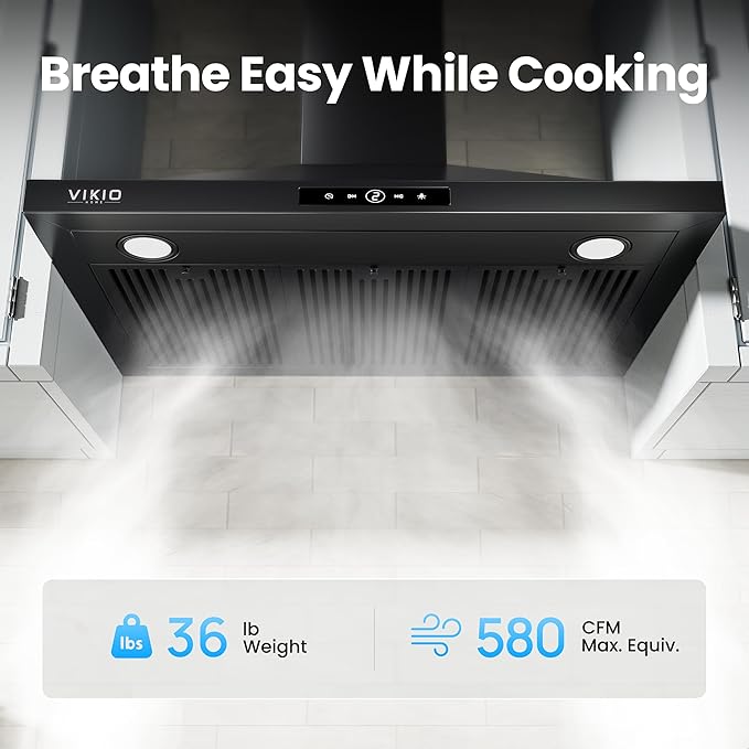 Wall Mount Range Hood 36 inch, 580 CFM Kitchen Vent Hood, Ducted/Ductless Convertible with Touch Control, Stainless Steel Stove Vent Hood, Easy Clean Filter, Black