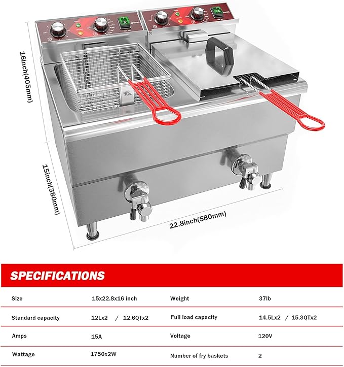 EGGKITPO Commercial Fryer Stainless Steel Electric Deep Fryer with Oil Filtration and Timer 24L Large Capacity Dual Tank Fryer with Baskets and Lids Countertop Deep Fryer for Restaurant Use 120V 3500W