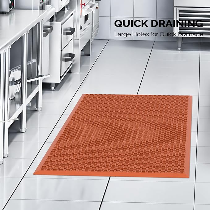 ROVSUN Rubber Floor Mat with Holes, Anti-Fatigue/Non-Slip Drainage Mat, for Industrial Kitchen Restaurant Bar Bathroom Utility Garage Pool Entry Door Mat, Indoor (36'' x 60'' Red 1Pcs)