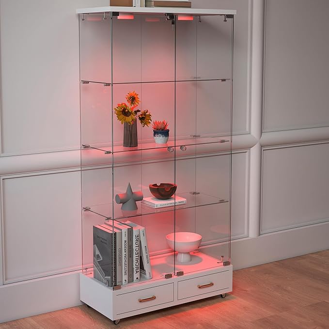 Yoluckea 4 Tier Glass Display Cabinet with LED Lighting and 2 Drawers, 2 Doors Floor Standing Curio Cabinet with Wheel for Home, Office, Corner Display, White Glass Bookshelf for Collections and Decor