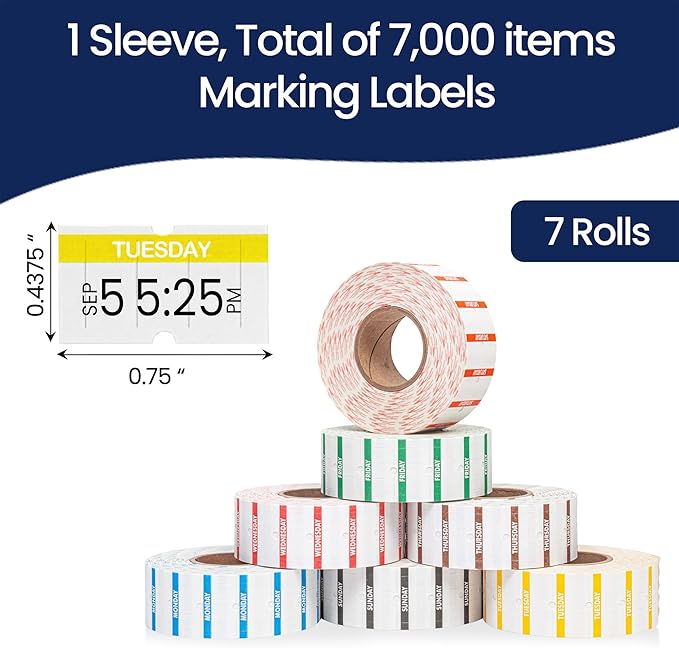 Perco 1 Line Day of The Week Labels - 7 Rolls (Full Week), 1 Sleeve, 7,000 Blank Dating Labels for Perco Lite, X, Plus and Pro 1 Line Date Guns