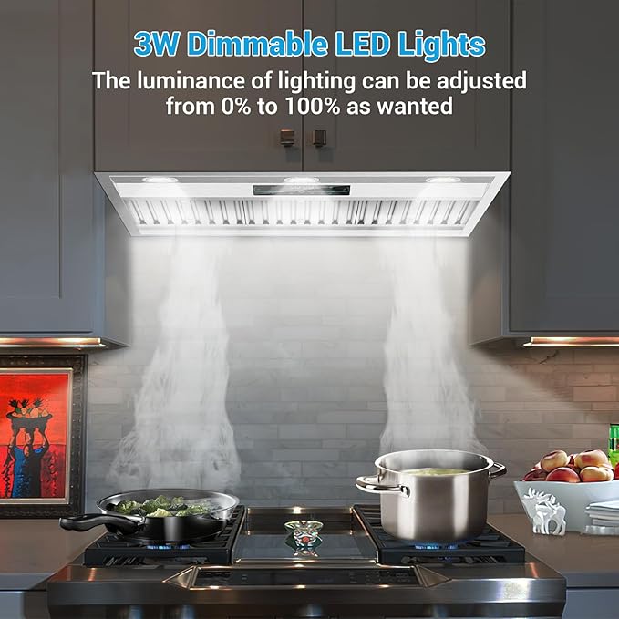 Range Hood 30 Inch Insert, 950 CFM Kitchen Hood with 4-Speed Exhaust Fan,Smart Remote/Gesture/Touch Control, Stainless Steel Vent Hood with 3W Dimmable LED Lights,Ducted/Ductless