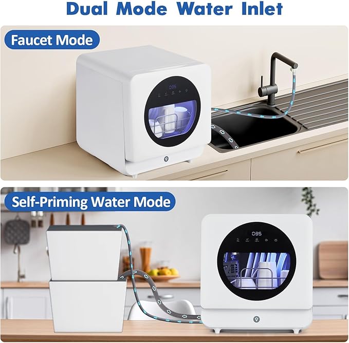 Countertop Portable Dishwasher, Compact Mini Dishwasher with Faucet & Self-Priming Water Inlet, 6 Wash Programs, High-Temp Cleaning, No Hookup Needed, for RV, Apartment, Dorm