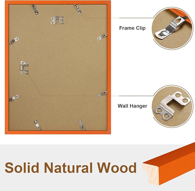 Vittanly 11x14 Picture Frame Set of 2, Solid Wood Frame for Wall Art Photo and Prints, Display Photo 8x10 with Mat or 11x14 without Mat, Orange