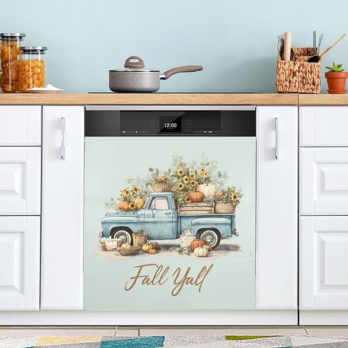 Fall Truck Teal Dishwasher Magnet Cover for Front Panel Magnetic Dishwasher Cover Decorative Refrigerator Magnet Covers Fridge Panel Decal for Home Decor, 23" x 26"
