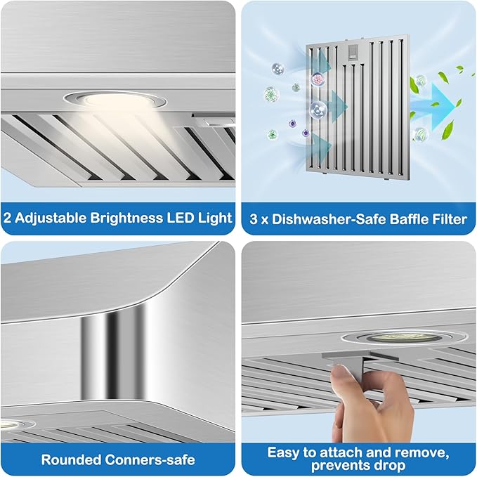36 inch Under Cabinet Range Hood 1200 CFM with 4-Speed Gesture Sensing & Touch Control, Stainless Steel Kitchen Stove Vent Hoods with 2 LED Lights, Time Setting, Dishwasher-Safe Baffle Filters