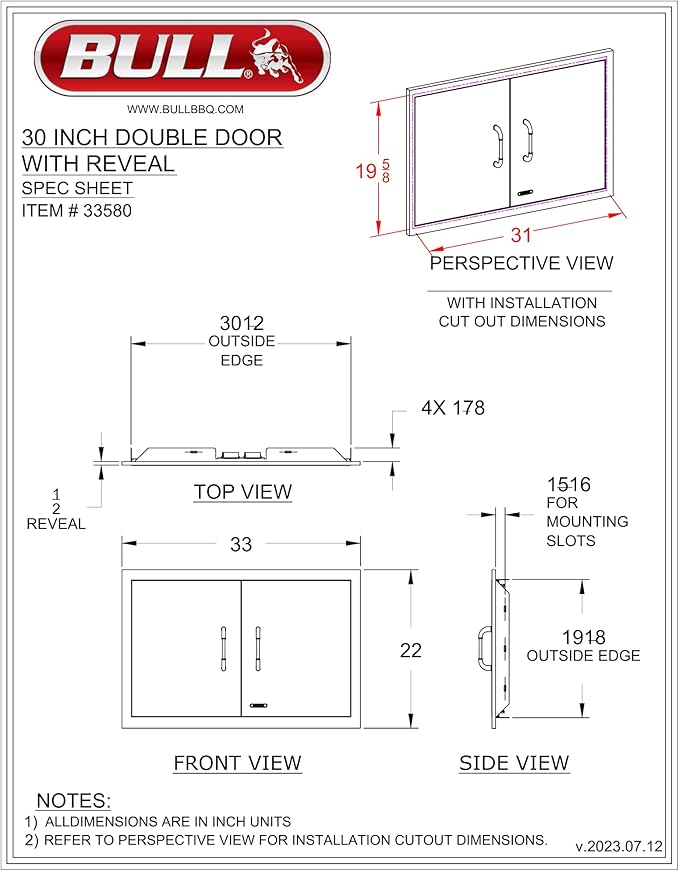 Bull Outdoor Products Premium Outdoor Kitchen Bundle – Angus 75,000 BTU Built-In Grill Head, Double Drawer with Reveal, 38" Double Doors, Single Side Burner, 304 Stainless Steel – NG