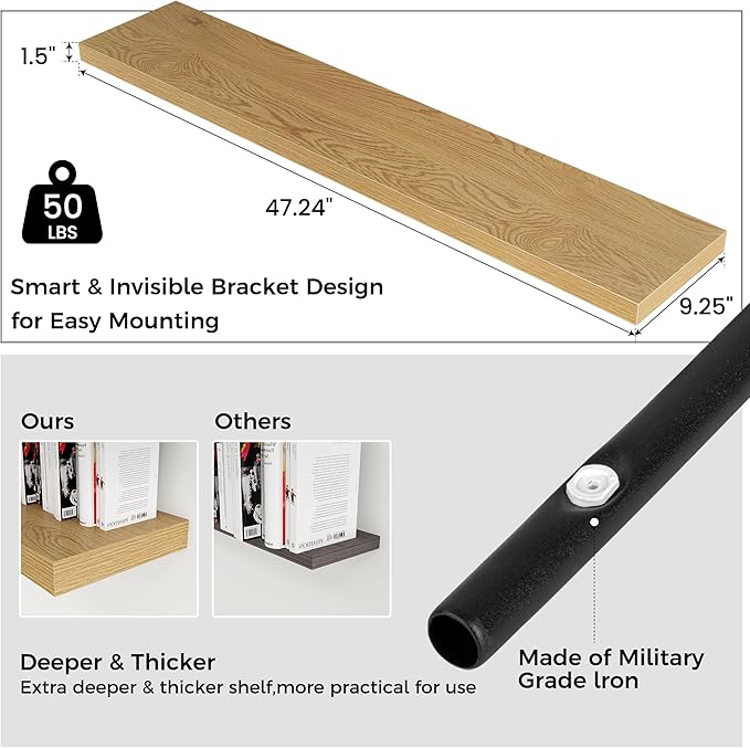 Floating Shelves for Wall 48"W x 9"D x 1.5"H, Long Engineered Wood Wall Shelves with Invisible Brackets for Living Room Bedroom Bathroom Office Kitchen Decor and Storage, Oak Finish, Set of 2