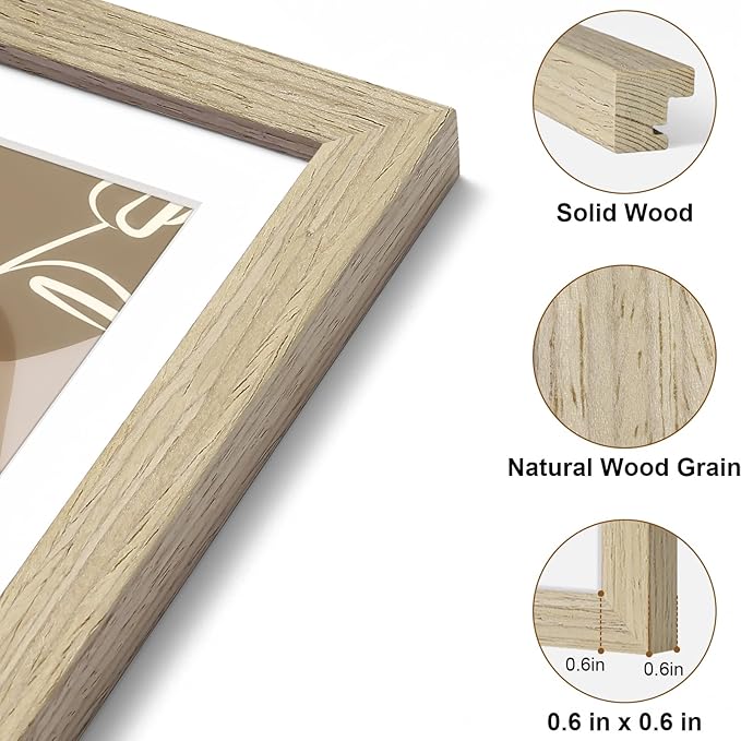 Vittanly 8.5x11 Picture Frame, Solid Wood Frame with Plexiglass, Includes 6x8 Mat, Wall Hanging or Tabletop for Photos, Home Decor, Light OAK, 1 Pack
