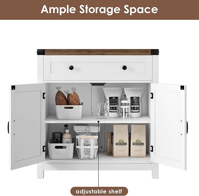 HOSTACK Coffee Bar Cabinet, Kitchen Storage Cabinet, Modern Farmhouse Buffet Sideboard with Drawer and Adjustable Shelf, Barn Door Accent Cabinets for Kitchen, Dining Room, Entryway, White