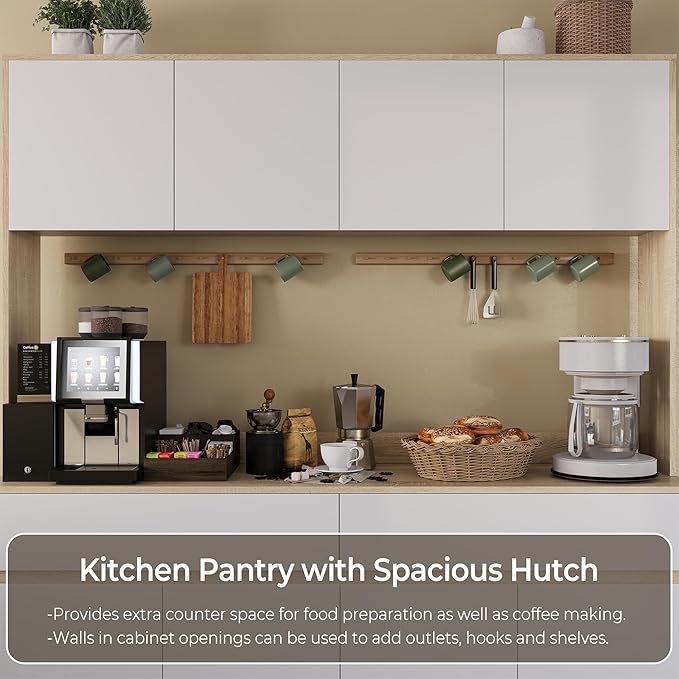 Kitchen Hutch Storage Cabinet, 63" W Large Pantry Cabinets with Microwave Oven Countertop, Freestanding Kitchen Pantry Storage Cabinet with 4 Doors, 2 Drawers and 7 Shelves, White + Walnut