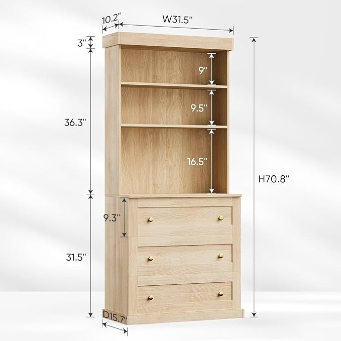 Vyre 71" Farmhouse Kitchen Pantry Cabinet Set of 3, Brown Freestanding Coffee Bar Hutch with Drawers & Adjustable Shelves, Large Storage Cabinet with Microwave Stand for Living Room & Kitchen