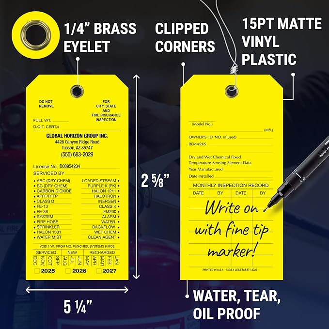 Tags 4 Less Custom Fire Extinguisher Tags – Preventative Maintenance Labels for Monthly Inspections, Alternative to Safety Sticker for Easy Record-Keeping – Pack of 100 (Yellow, Vinyl Plastic)