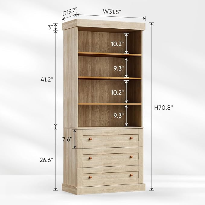 Vyre 71" Tall Farmhouse Kitchen Pantry, Large Storage Cabinet with Adjustable Shelves & 3 Drawers, Versatile Wood Hutch for Living Room & Dining Room, Brown