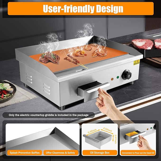 3000W Commercial Electric Griddle, Electric Countertop Griddle, Stainless Steel Teppanyaki Flat Top Grill for Processing Pancakes Steaks Hamburgers