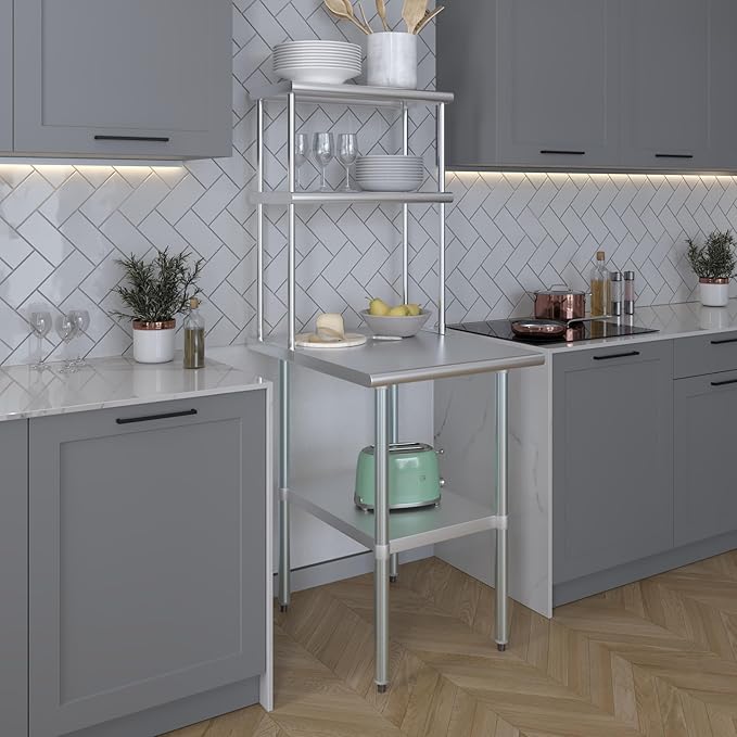 Amgood Stainless Steel Work Table Double Tier Overshelf | Metal Kitchen Prep Table & Shelving Combo (30" x 24" Work Table + 12" Overshelf)