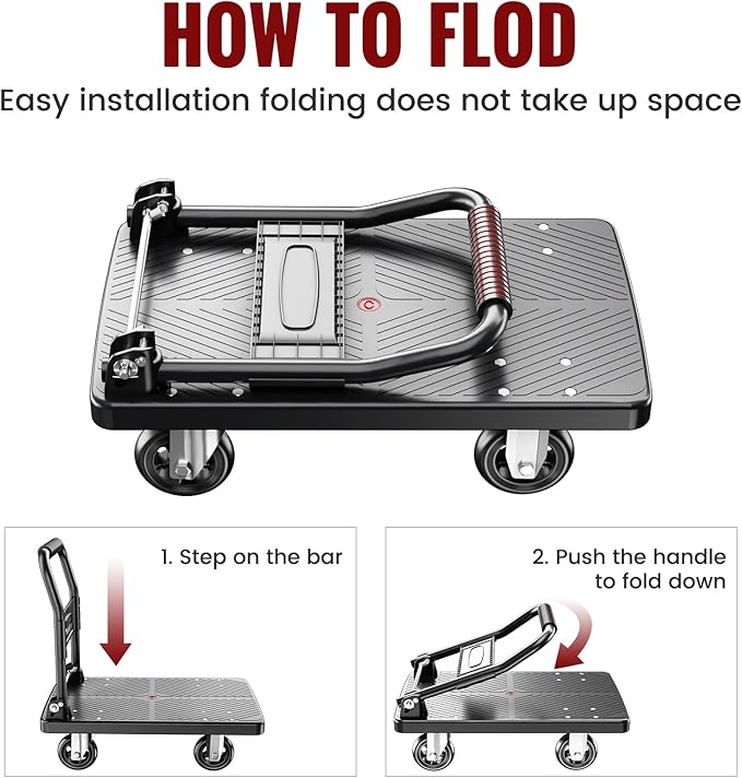 Upgraded Foldable Push Cart Dolly | 660 lbs.Capacity Moving Platform Hand Truck | Foldable for Easy Storage | 4'' PU 360 Degree Swivel Silent Wheel-Black