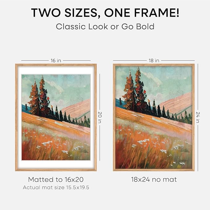 Homeforia 18x24 Poster Frame Wood, High End Natural Oak 18x24 Light Wooden Picture Frame with Mat 16x20, 18 by 24 Frames Matted to 16 x 20 Photo, 24by18 Thin Frames, Tempered Glass, Wall Kit, Set of 4