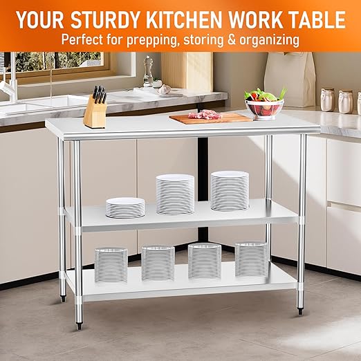 Stainless Steel Table for Food Prep & Work 24 x 60 inches with 2 Adjustable Undershelves, Commercial Workstation in Kitchen, Garage, Outdoor BBQ