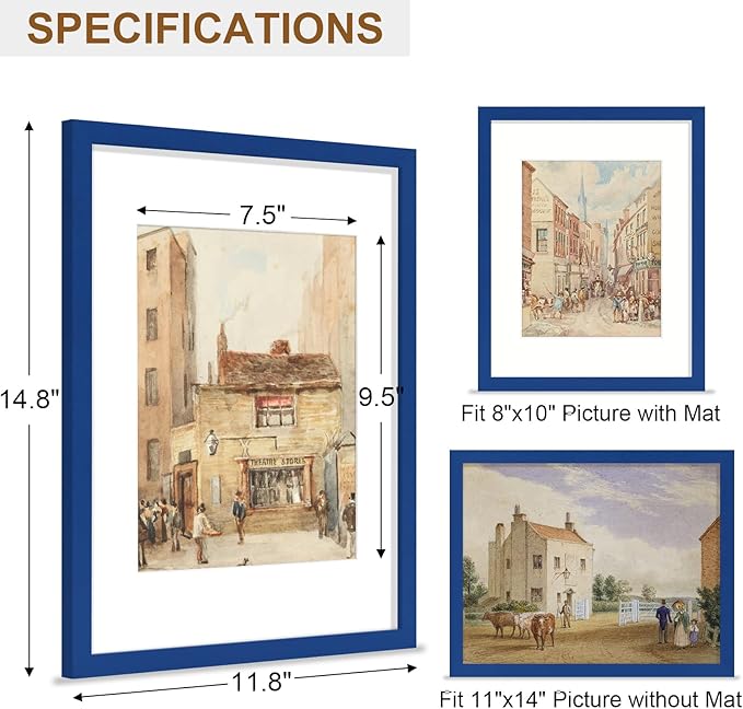 Vittanly 11x14 Picture Frame, Solid Wood Frame with Plexiglass, Includes 8x10 Mat, Wall Hanging for Photos, Home Decor, Royal Blue, 1 Pack