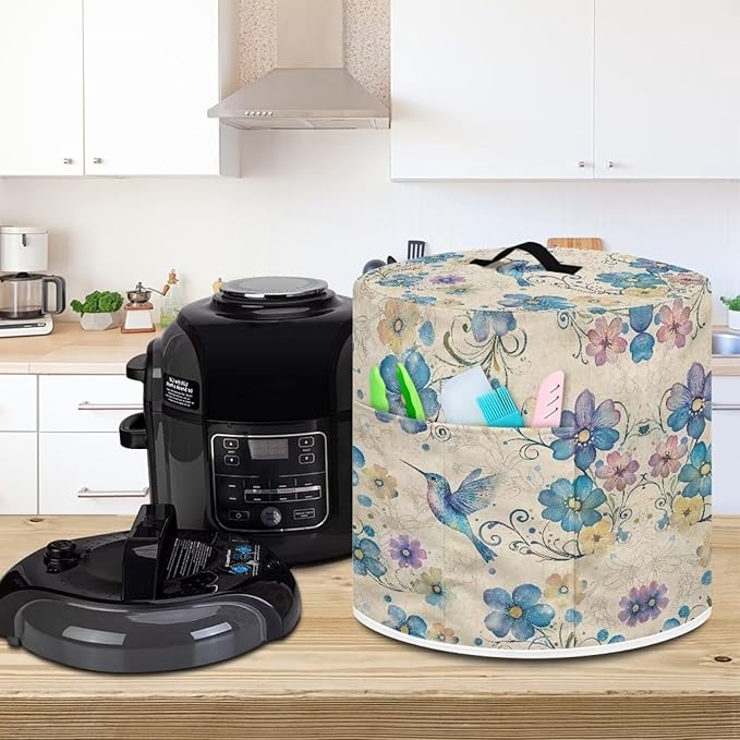Xoenoiee Blue Hummingbird Floral Print Pressure Cooker Cover for Instant Pot, Kitchen Appliance Dust Cover with Pockets for Rice Cooker Air Fryer Slow Cooker, for 3 Qt Pot