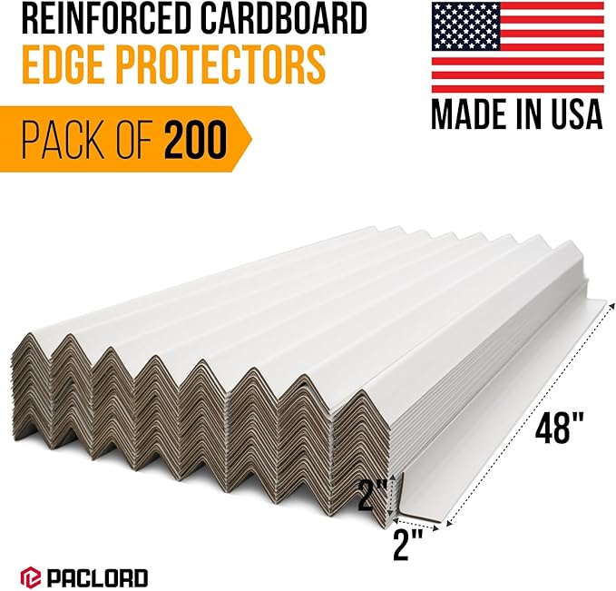 48" x 2" x 2" Reinforced Cardboard Edge Protectors, White (Pack of 200) – 0.12" Thick Medium-Duty Cardboard Corner Protectors for Shipping – American Quality V-Board Pallet Edge Guard