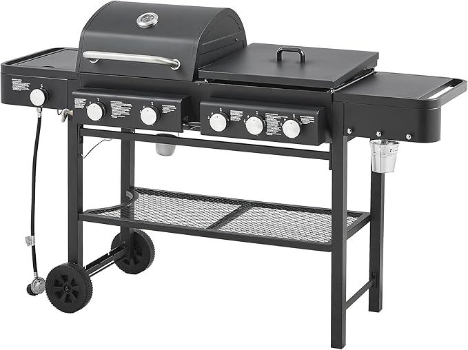 All-in-One Propane Gas Grill with Griddle, 5 Burner 56000 BTU BBQ Grill & Griddle Combo, 751 Sq.Inch Cooking Space, Side Burner & Storage Shelves for Backyard, Patio, Outdoor Cooking