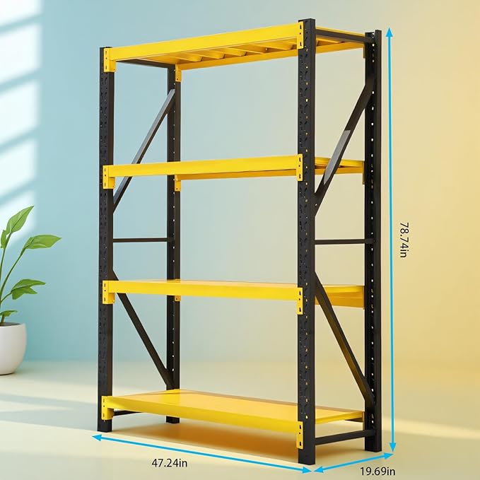 Storage Shelves Heavy Duty, Metal Garage Shelving Units, 4 Tier Storage Rack Shelf, Steel Industrial Shelving, Adjustable Standing Shelf for Basement/Warehouse Yellow and Black, W47.24*D19.69*H78.74
