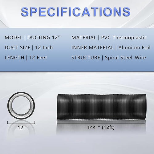 12 Inch Flexible Ducting Hose 12 Feet Black Aluminum Ducting -4 Layer Protection Dryer Vent Hose for HVAC Heating Cooling Ventilation and Exhaust, 2 Clamps Included