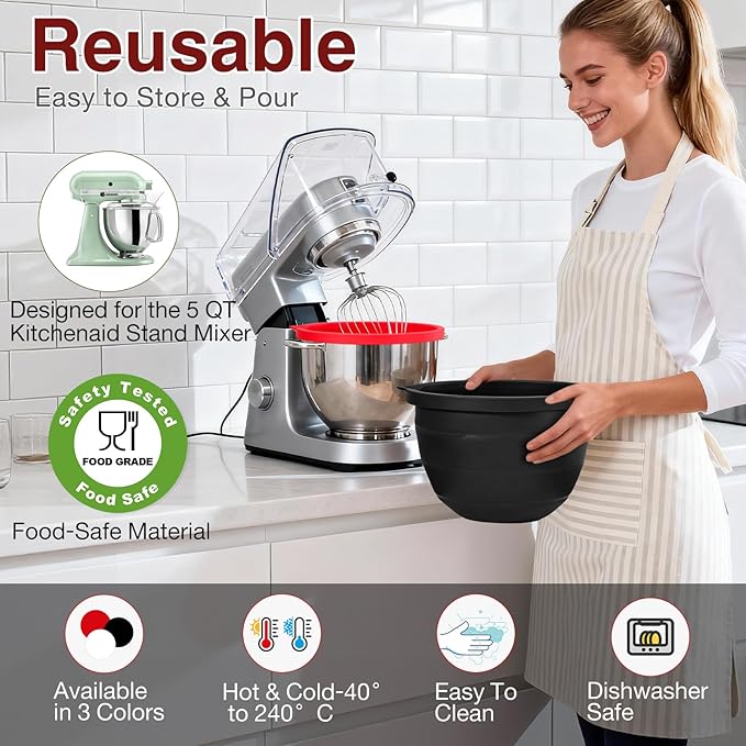 Silicone Bowl Liners for Kitchen,Silicone Liners Mixer for 5 Qt Tilt-Head KitchenAid Mixers,Mixer Bowl Accessories and Attachments with Lids,Red 3PCS
