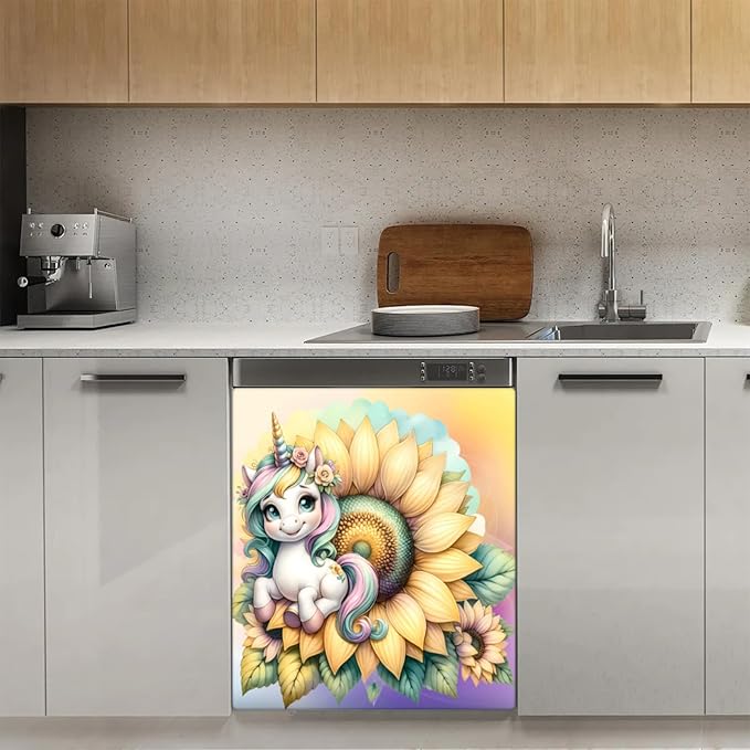 Sunflower Unicorn Dishwasher Magnet Cover for The Front Dishwasher Door Cover Panel Decals Magnetic Refrigerator Cover for Kitchen Farmhouse Home Decor 23 X 26 in