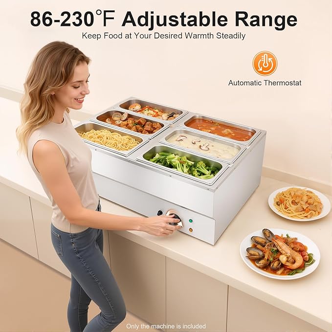 Commercial Food Warmer 6 Pan Buffet Bain Marie, 1500W Stainless Steel Electric Steam Table with Digital Temperature Control (86-230°F), 1.77Gal per Pan for Catering, Restaurants, Wedding Events