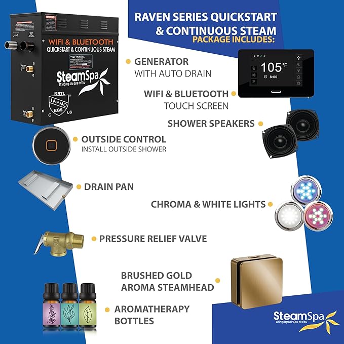SteamSpa Steam System 6kW Steam Shower Generator with Bluetooth Wifi, Quickstart Continous Steam, Advanced Touch Pad Screen, Chroma Lights, Drain Pan and Auto Drain Gold RVBS600GD-A