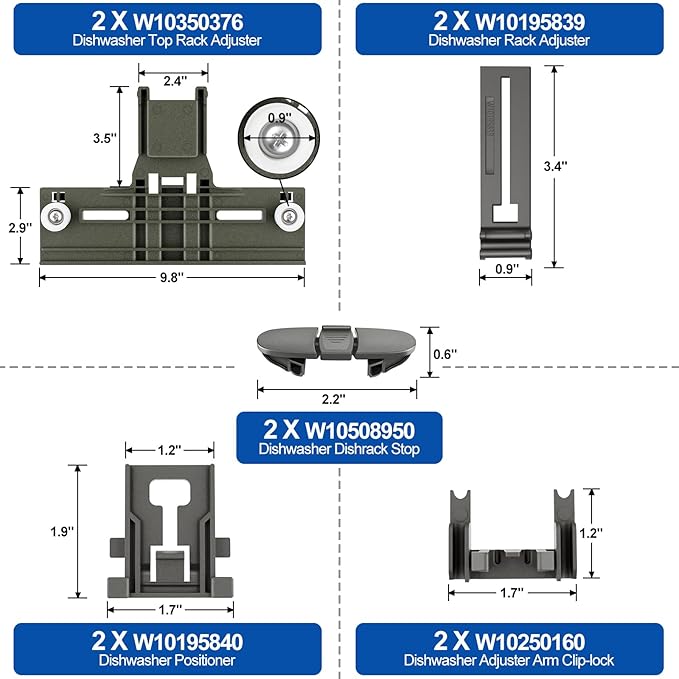 Upgraded W10350376 Dishwasher Top Rack Adjuster Parts For Whirlpool Kenmore W10195840 KUDS30IXSS4 Upper Rack Part,KUDS30FXSS5 Dishwasher Replacement Top Rack,For Kitchenaid Dishwasher Parts Upper Rack