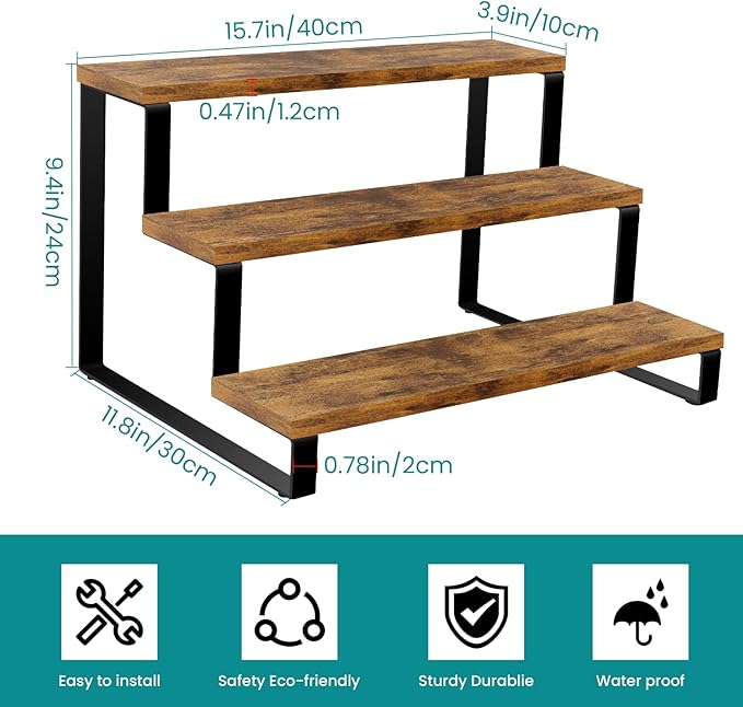 ELITEROO Wooden Display Riser Stand, 3 Tier Display Risers, Tiered Cabinet Organizer, Widened Display Rack Shelf Kitchen Counter Shelf for Makeup Perfume Figure Dolls Collection Condiment Candles