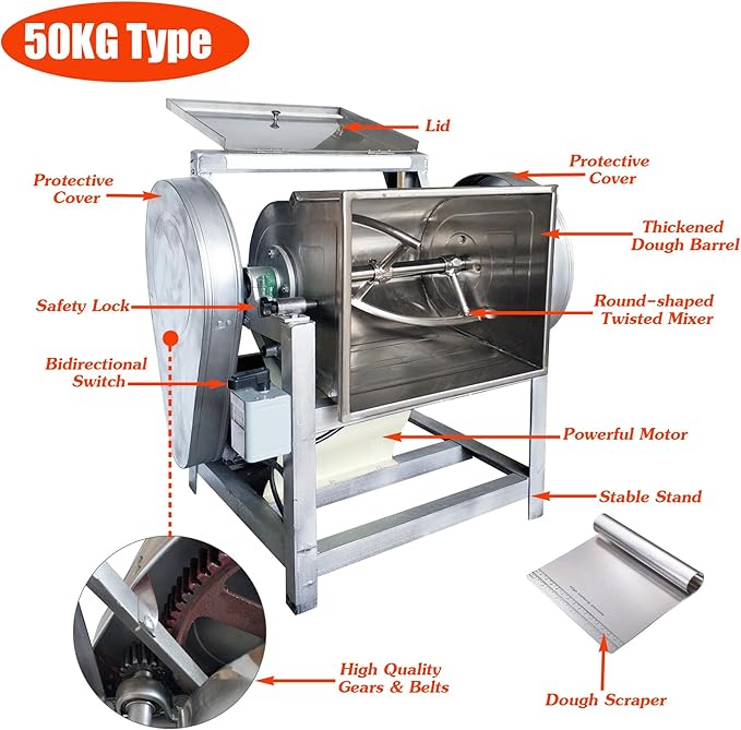 INTSUPERMAI 110V Commercial Dough Mixer Machine Kneading Capacity Electric Food Mixer Flour Mixer for Dough Mixing Kneading (Standard, 50KG/110LBS)