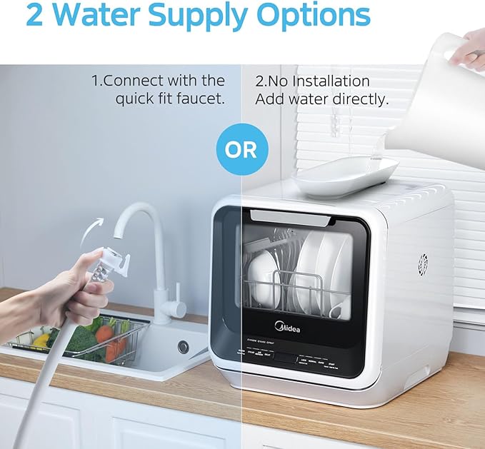 Midea MDC17P0ABB Portable Countertop Mini 1.32Gal Built-in Water Tank, No Hookup Needed, 6 Programs, 360° Dual Spray, 162℉ High-Temp& Air-Refresh Function, Dishwasher for Apartments& RVs, Black