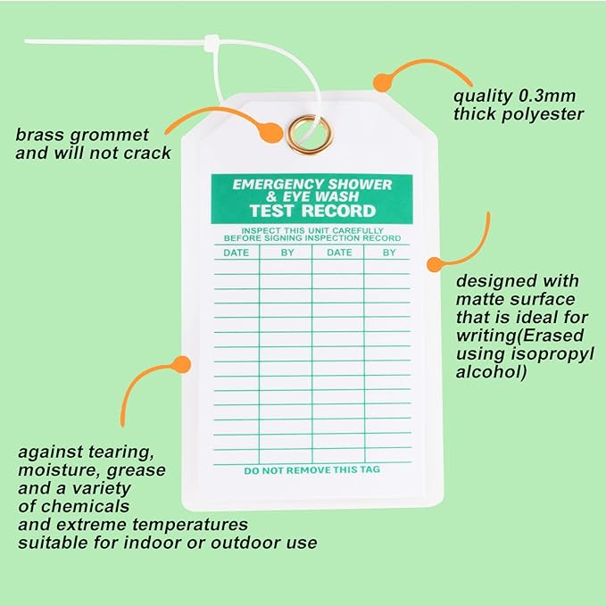 Lionshop Heavy Duty Emergency Shower and Eyewash Test Record, Double-Sided Inspection Record Tag, 5.75" Height x 3" Width, 0.375" in Brass Eyelet Size, Green Ink on White (Pack of 50)